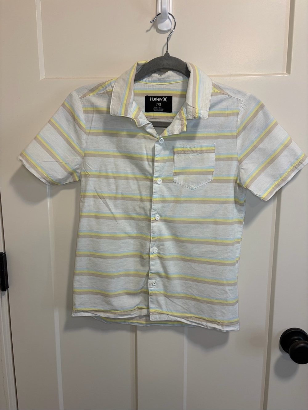 Hurley Kids White, Yellow & Light Gray Striped Short-Sleeve Button-Down Size 7/8